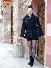 Sexy coed in black stockings exposing her panties, tight ass and boobs in public